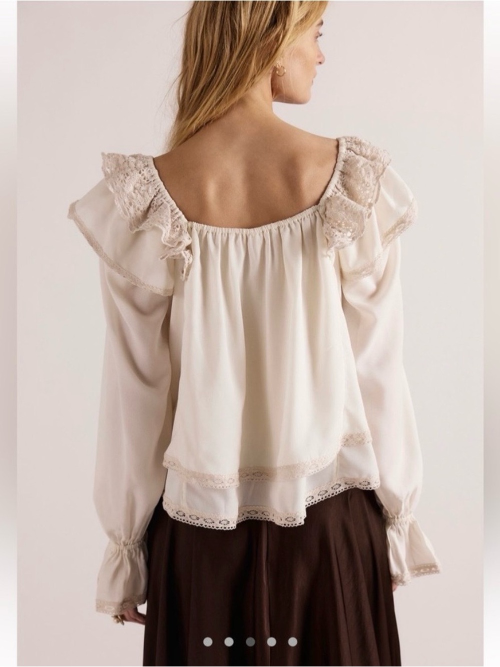 Free People Francie Silky Blouse Top Elegant Ivory Lace Ruffle Details Size L - Picture 2 of 9